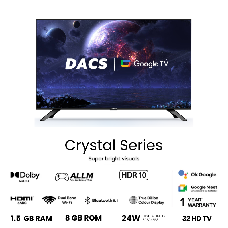 DACS Crystal Premium 32" QLED Google TV with 24W Dolby Audio & 1.5 GB RAM (Metallic Bezel Less,2025)