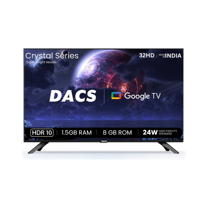DACS Crystal Premium 32" QLED Google TV with 24W Dolby Audio & 1.5 GB RAM (Metallic Bezel Less,2025)